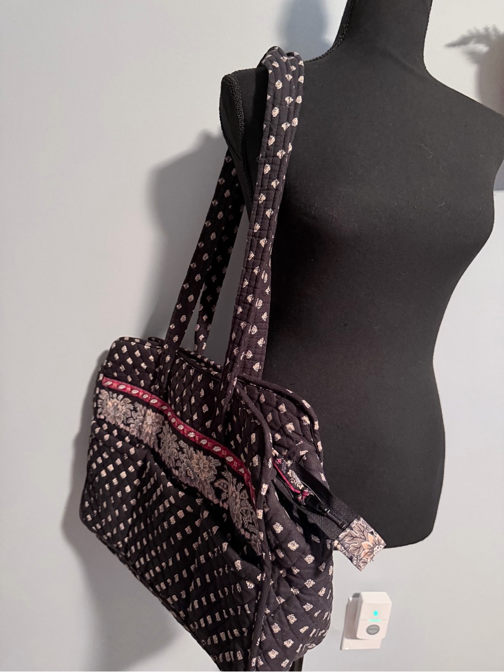 Vera Bradley Black Quilted Shoulder Bag with Cream Floral and Pink Accent